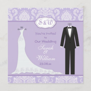 Tuxedo & Gown auf Lavendel-Lakai-Damast Hochzeit Einladung