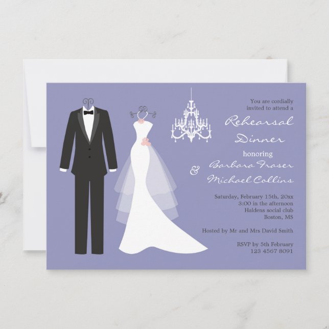 Tuxedo, gown on violet Rehearsal Diner Invitation (Devant)