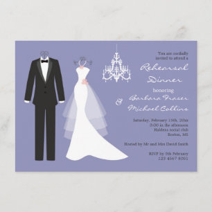 Tuxedo, gown on violet Rehearsal Diner Invitation