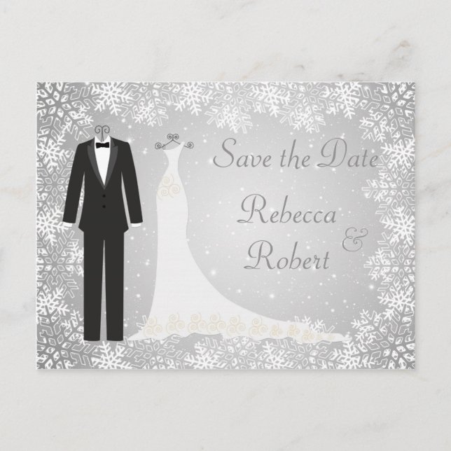 Tuxedo, Gown, Schneeflocken Save the Date Postkart Ankündigungspostkarte (Vorderseite)