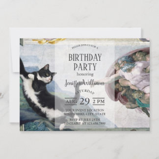 Tuxedo-Katze berührt die göttliche Pfote Einladung