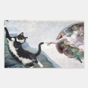 Tuxedo-Katze berührt die göttliche Pfote           Rechteckiger Aufkleber