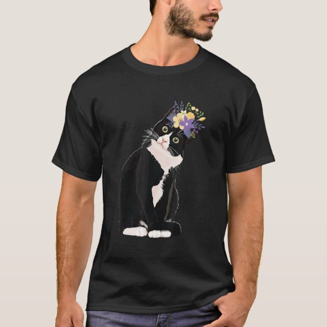 Tuxedo Katze Blume Kätzchen Mamas Väter T-Shirt (Vorderseite)