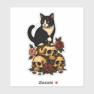 Tuxedo-Katze der Krypta – Rosen und Totenschädel Aufkleber