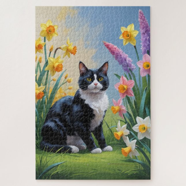 Tuxedo Katze Frühlingsblumen Malerei (Vertikal)
