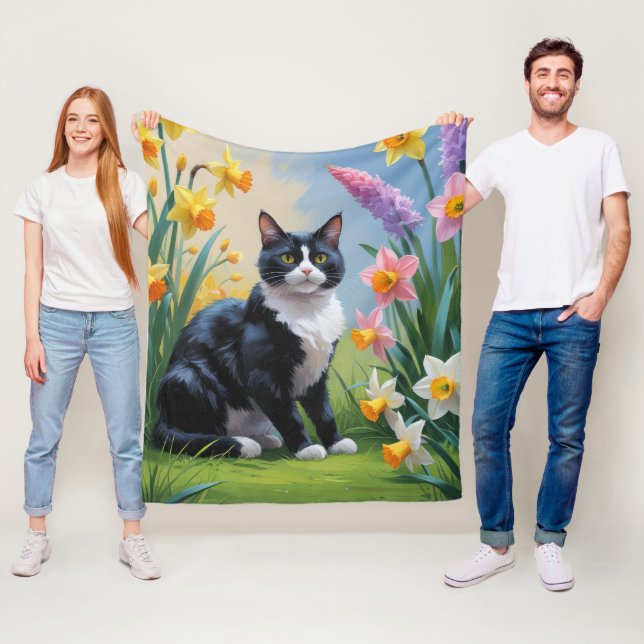 Tuxedo Katze Frühlingsblumen Malerei Fleecedecke (Beispiel)