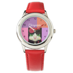 Tuxedo Katze Gesicht Schwarz-weiß Red Name Illust Armbanduhr