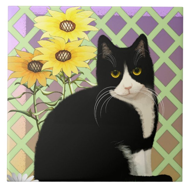 Tuxedo Katze im Garten Fliese (Vorderseite)