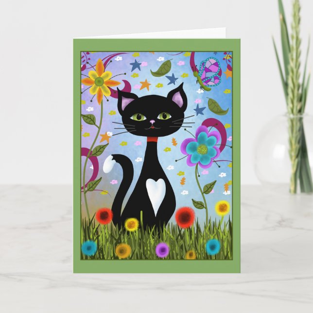 Tuxedo Katze im Garten Karte (Vorderseite)