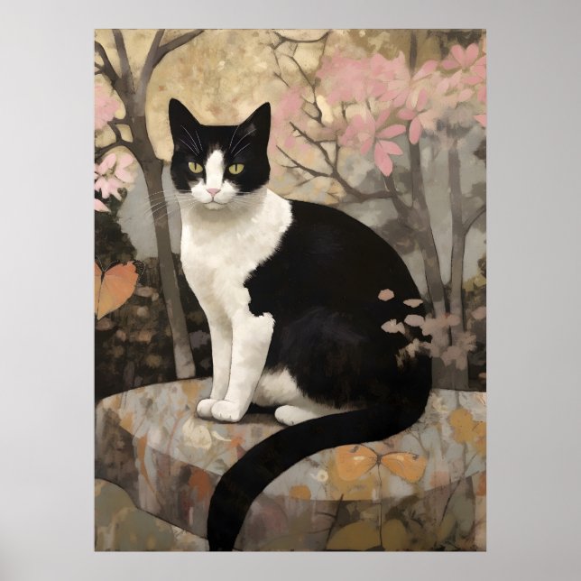 Tuxedo Katze im Garten Poster (Vorne)