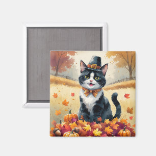 Tuxedo Katze im Herbst hinterlässt Erntedank Art Magnet