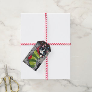 Tuxedo-Katze in einem Stripten Strumpf Geschenktas Geschenkanhänger