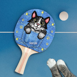 Tuxedo Katze in Imitate Denim Pocket mit Individue Tischtennis Schläger