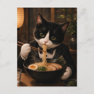 Tuxedo-Katze isst Ramen Postkarte