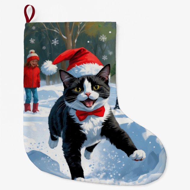 Tuxedo Katze läuft im Schnee mit Weihnachtsmütze Großer Weihnachtsstrumpf (Vorderseite)