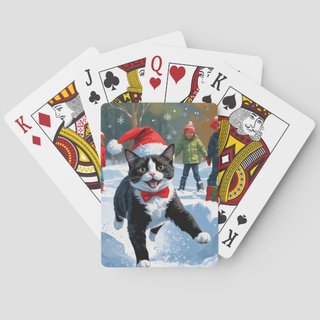 Tuxedo Katze läuft im Schnee mit Weihnachtsmütze Spielkarten (Rückseite)
