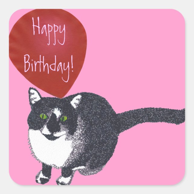 Tuxedo Katze mit Balloon Happy Birthday Stickers (Vorderseite)