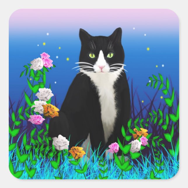 Tuxedo Katze mit Blume Aufkleber (Vorderseite)