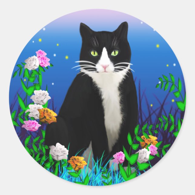 Tuxedo Katze mit Blume Aufkleber (Vorderseite)