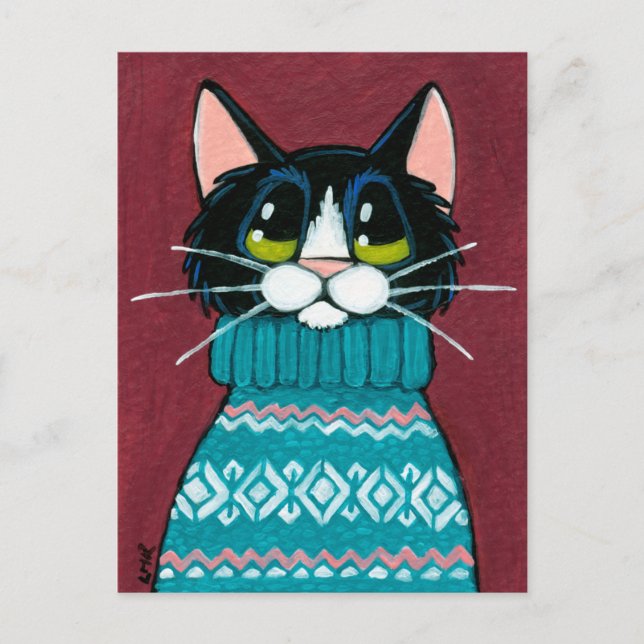 Tuxedo Katze mit einem hässlichen Sweater Gemälde Postkarte (Vorderseite)