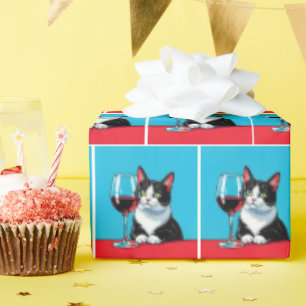 Tuxedo-Katze mit Glas Rotwein Geschenkpapier