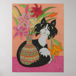 Tuxedo Katze mit Lilies Poster