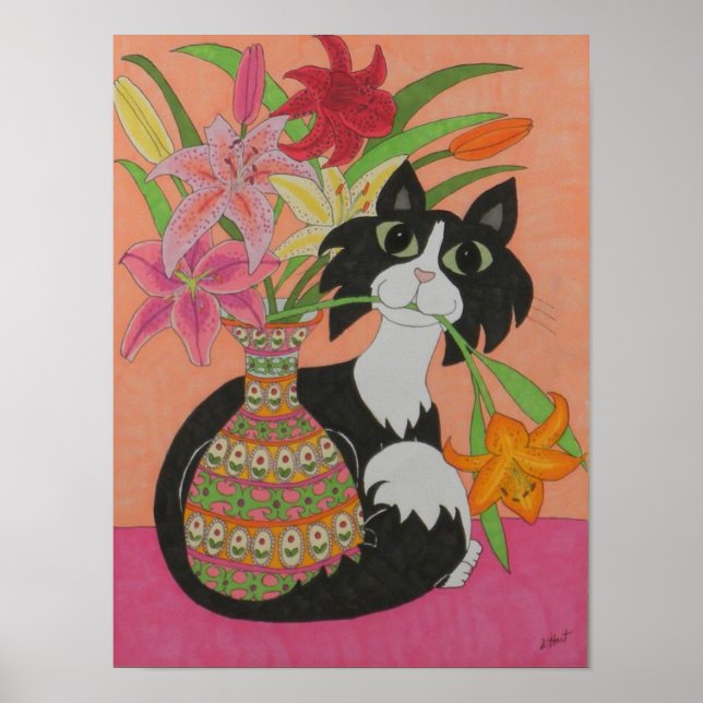 Tuxedo Katze mit Lilies Poster (Vorne)