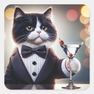 Tuxedo Katze mit Martini-Cocktail Quadratischer Aufkleber
