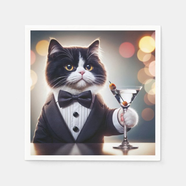 Tuxedo Katze mit Martini-Cocktail Serviette (Vorderseite)