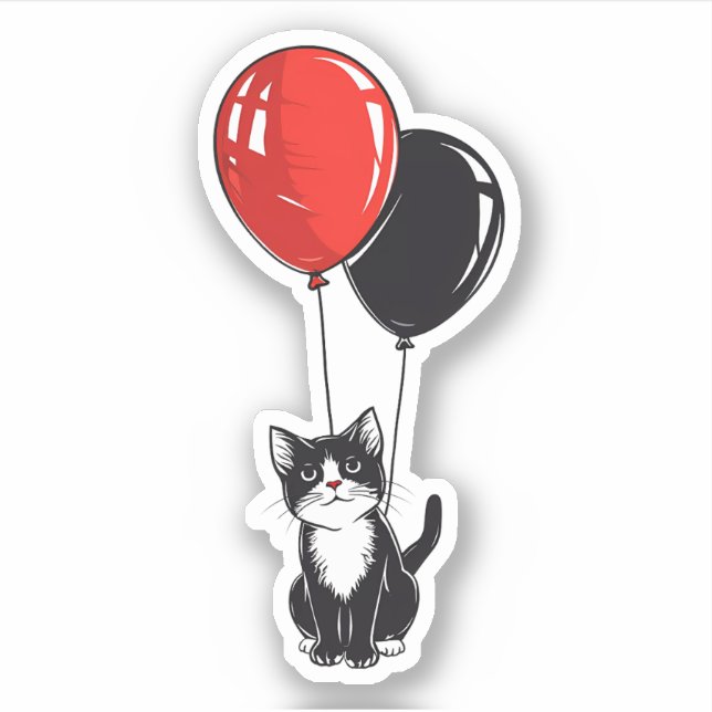 Tuxedo Katze mit roten und schwarzen Balloons Aufkleber (Vorderseite)
