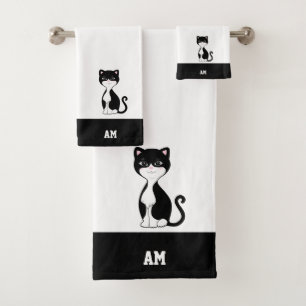 Tuxedo-Katze & Monogramm auf Schwarz & Weiß Badhandtuch Set