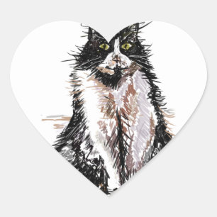 Tuxedo Katze Niedlich Zeichnend Schwarze und Weiß Herz-Aufkleber