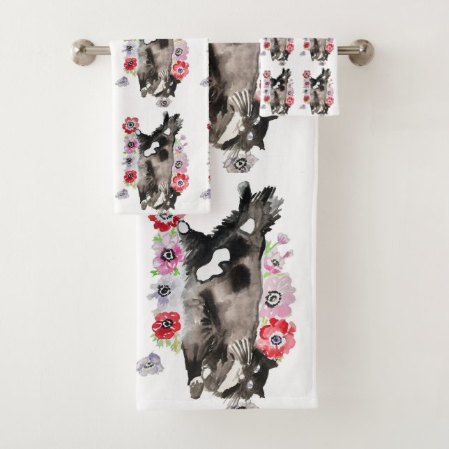 Tuxedo Katze Niedliche Hübsche Blume Katzen Wasser Badhandtuch Set (Insitu)