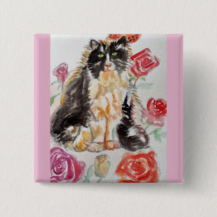 Tuxedo Katze Niedliche Rose Blume Katzen Aquarell  Button
