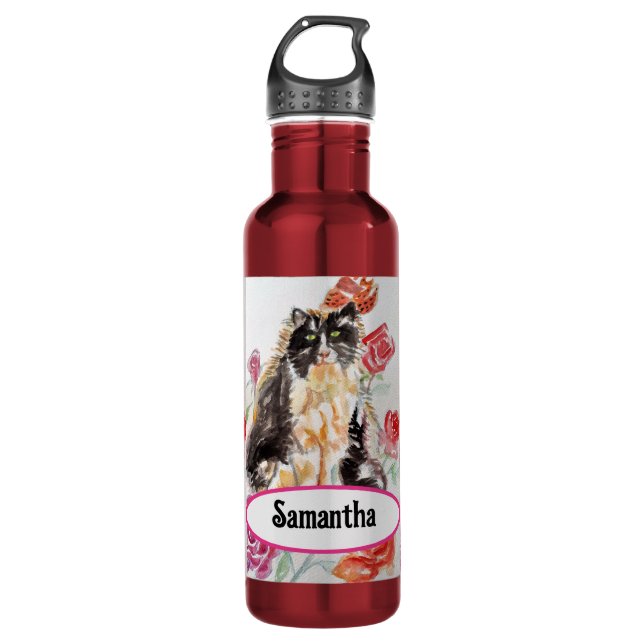Tuxedo Katze Niedliche Rose Blume Katzen Aquarell  Edelstahlflasche (Vorderseite)