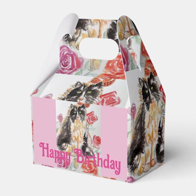 Tuxedo Katze Niedliche Rose Blume Katzen Aquarell  Geschenkschachtel (Vorderseite)