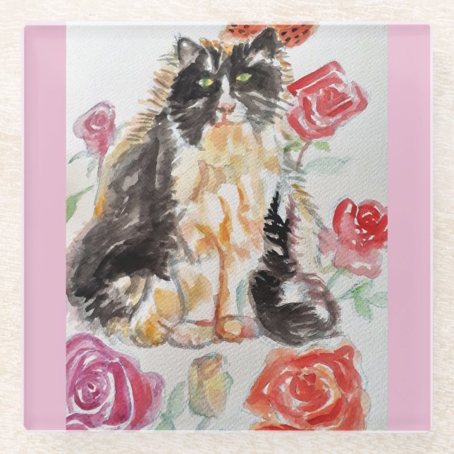 Tuxedo Katze Niedliche Rose Blume Katzen Aquarell  Glasuntersetzer (Vorderseite)