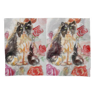 Tuxedo Katze Niedliche Rose Blume Katzen Aquarell  Kissenbezug