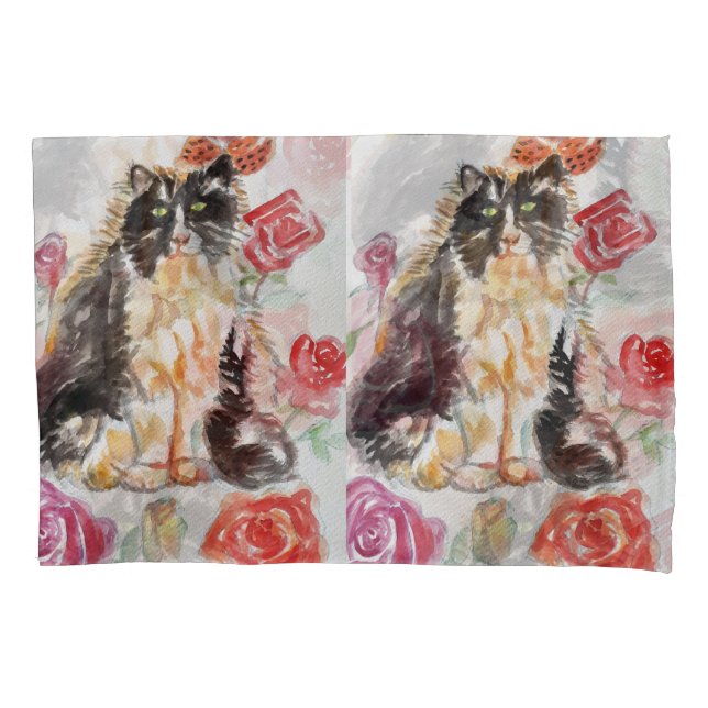 Tuxedo Katze Niedliche Rose Blume Katzen Aquarell  Kissenbezug (Vorderseite)
