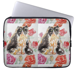Tuxedo Katze Niedliche Rose Blume Katzen Aquarell Laptopschutzhülle