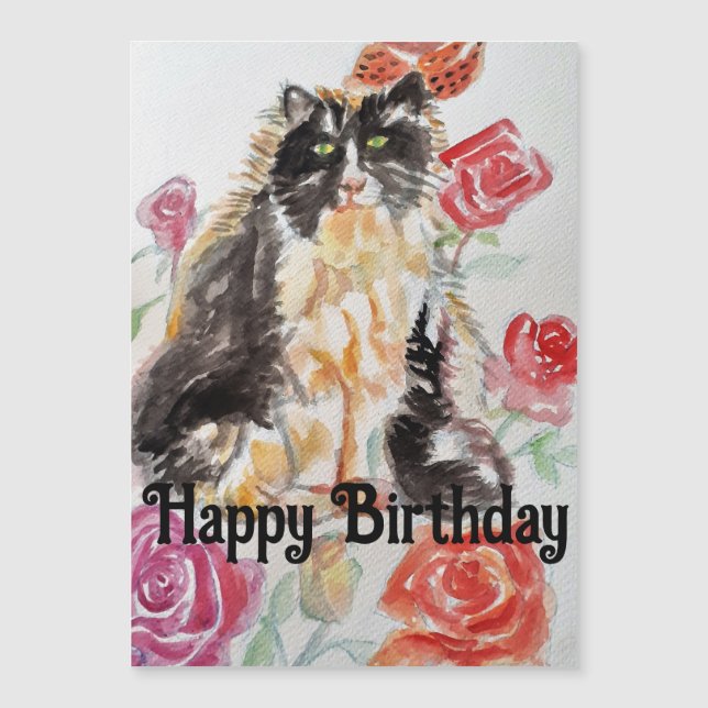 Tuxedo Katze Niedliche Rose Blume Katzen Aquarell  Magnetkarte (Vorderseite)