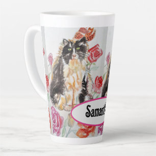 Tuxedo Katze Niedliche Rose Blume Katzen Aquarell Milchtasse