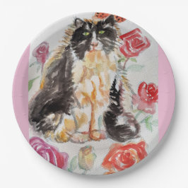 Tuxedo Katze Niedliche Rose Blume Katzen Aquarell  Pappteller