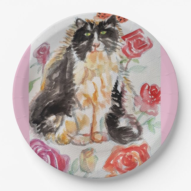 Tuxedo Katze Niedliche Rose Blume Katzen Aquarell  Pappteller (Vorderseite)