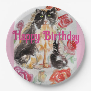 Tuxedo Katze Niedliche Rose Blume Katzen Aquarell Pappteller