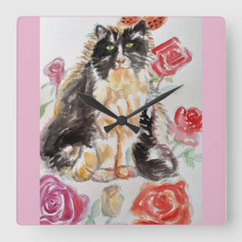 Tuxedo Katze Niedliche Rose Blume Katzen Aquarell  Quadratische Wanduhr