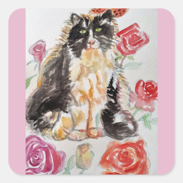 Tuxedo Katze Niedliche Rose Blume Katzen Aquarell  Quadratischer Aufkleber (Vorderseite)