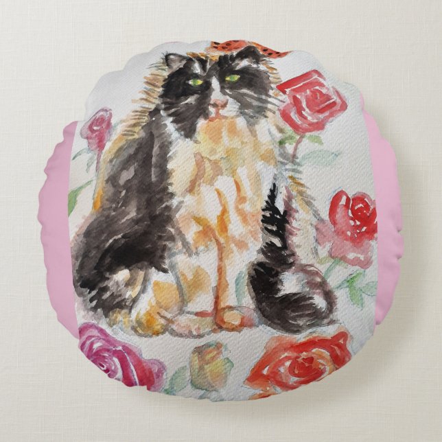 Tuxedo Katze Niedliche Rose Blume Katzen Aquarell  Rundes Kissen (Vorderseite)