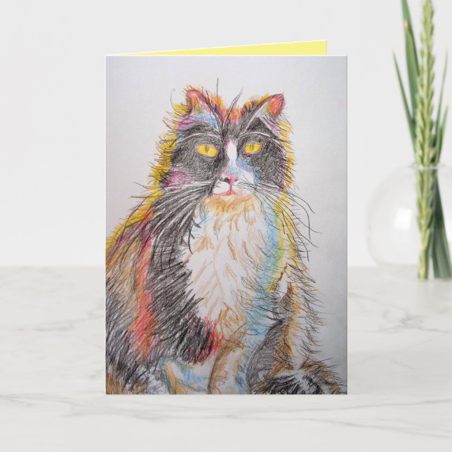 Tuxedo Katze Niedlicher Bleistift Zeichnend Geburt Karte (Vorderseite)