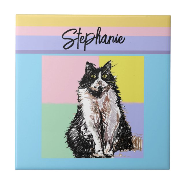 Tuxedo Katze Pastellfarben Rosa Mädchen Name Fliese (Vorderseite)
